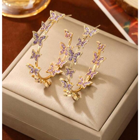 Pierced 2 1/4" gold and purple stone butterfly open back hoop earrings - Picture 1 of 4